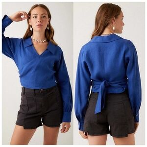 R.G. Kane Linen Blend V-Neck Wrap Front Blouse Balloon Sleeve Blue Size Large